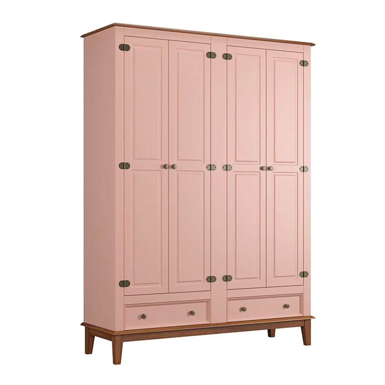 Guarda-roupa rústico quatro portas e duas gavetas, madeira maciça e MDF na cor Rosa