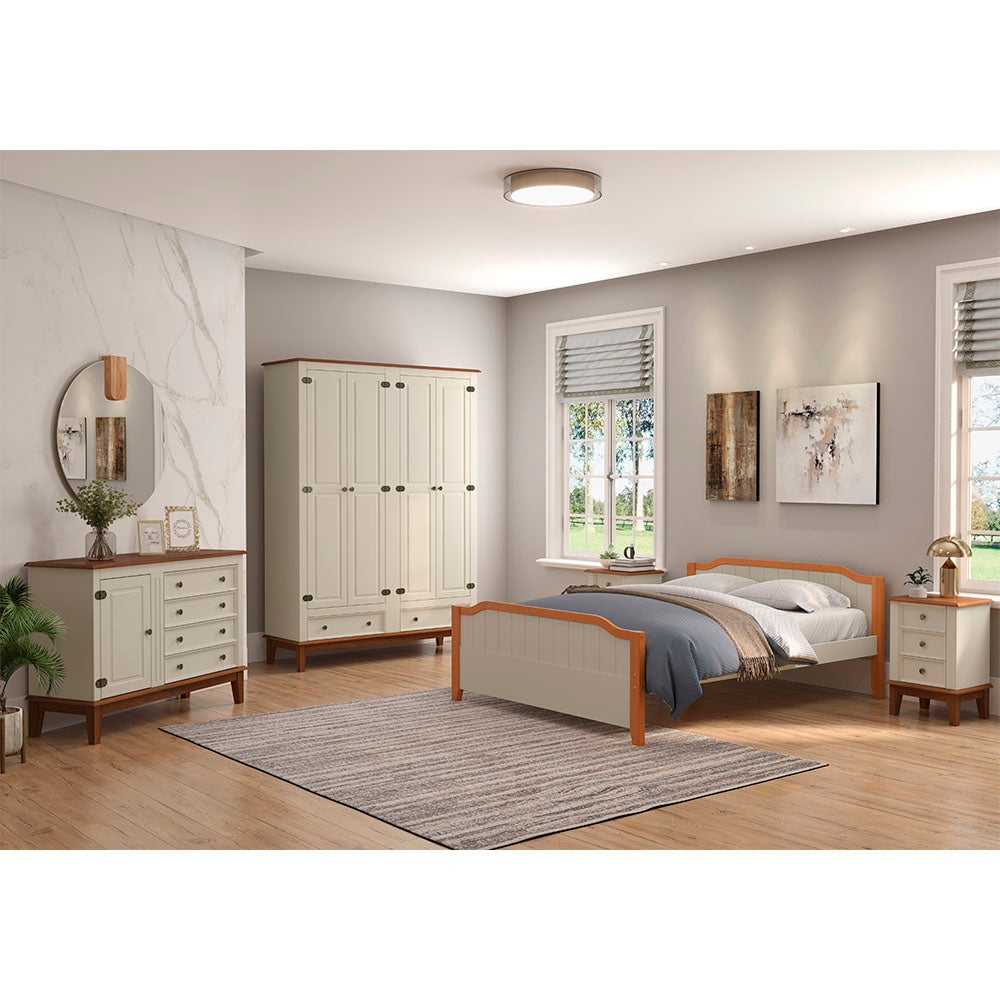 Guarda-roupa rústico quatro portas e duas gavetas, madeira maciça e MDF na cor Off White