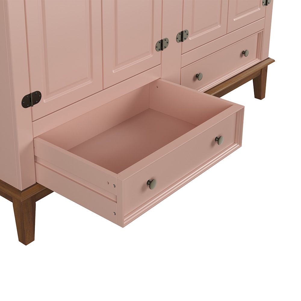Guarda-roupa rústico quatro portas e duas gavetas, madeira maciça e MDF na cor Rosa
