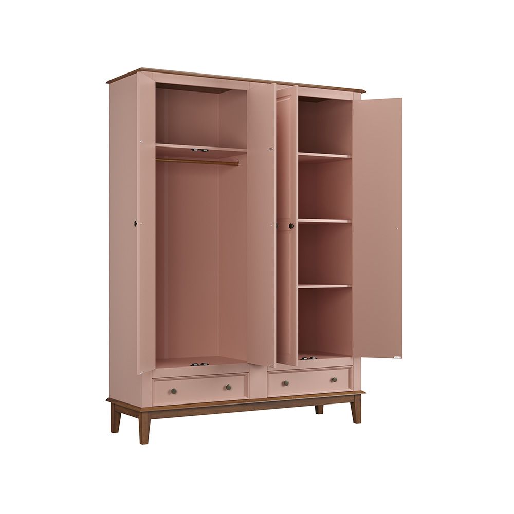 Guarda-roupa rústico quatro portas e duas gavetas, madeira maciça e MDF na cor Rosa