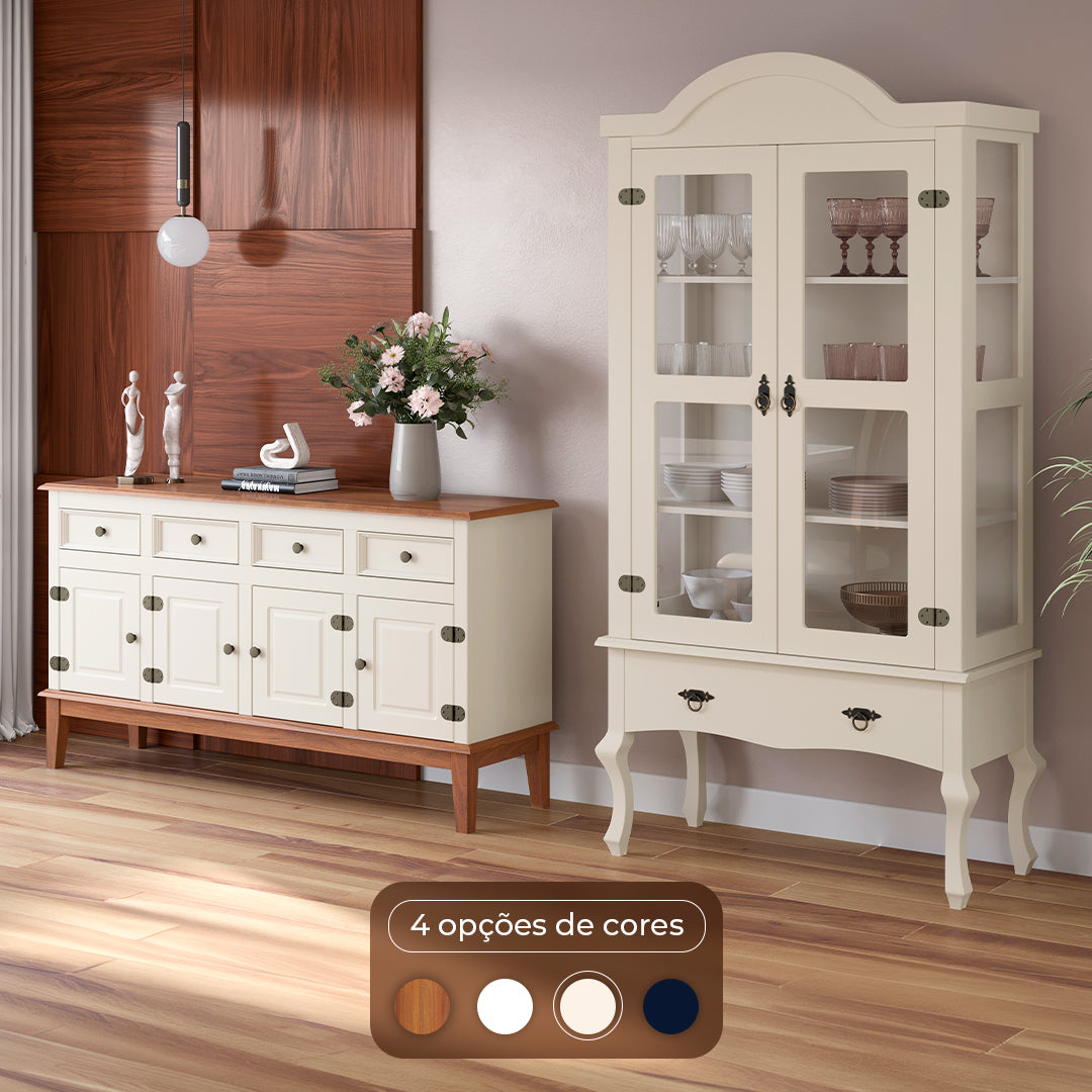 Conjunto Cristaleira Luis XV Alta com Balcão 4 P e 4 G de madeira maciça e MDF