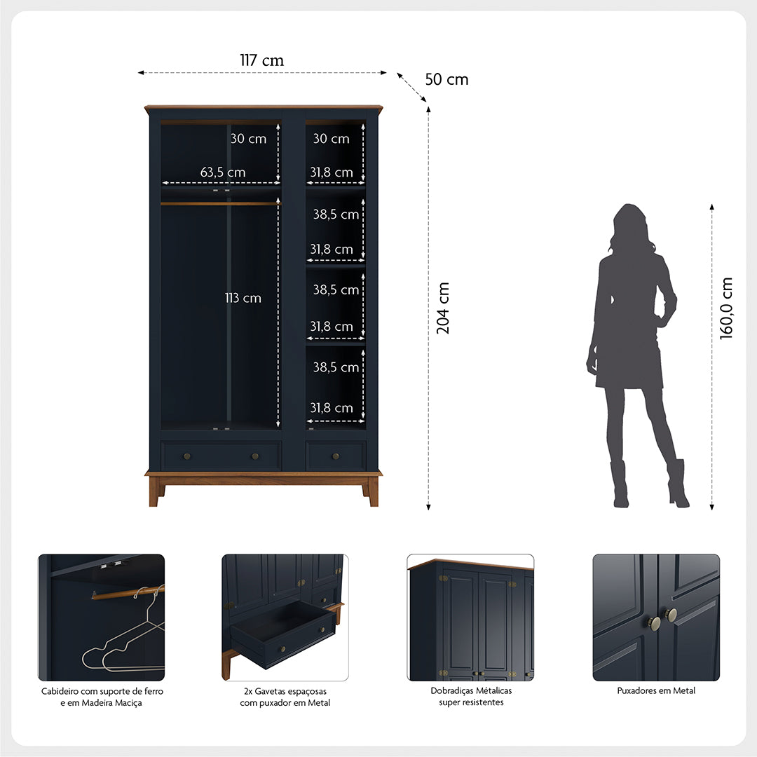 Guarda-Roupa Rústico 3 Portas e 2 Gavetas - Madeira Maciça e MDF