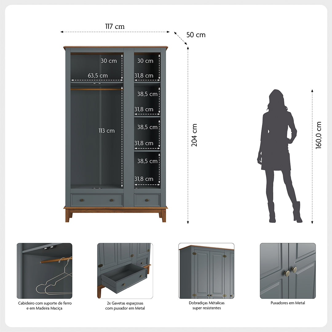 Guarda-Roupa Rústico 3 Portas e 2 Gavetas - Madeira Maciça e MDF