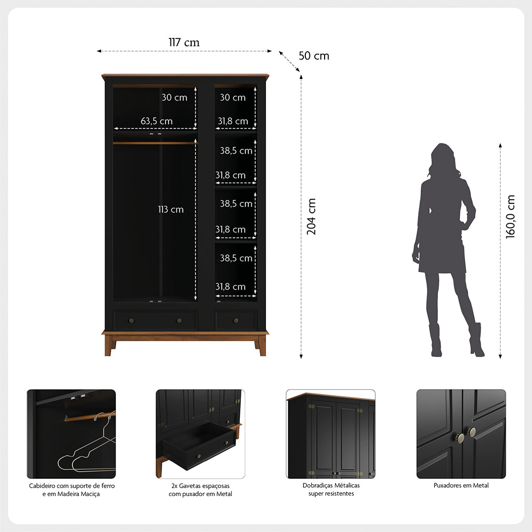 Guarda-Roupa Rústico 3 Portas e 2 Gavetas - Madeira Maciça e MDF
