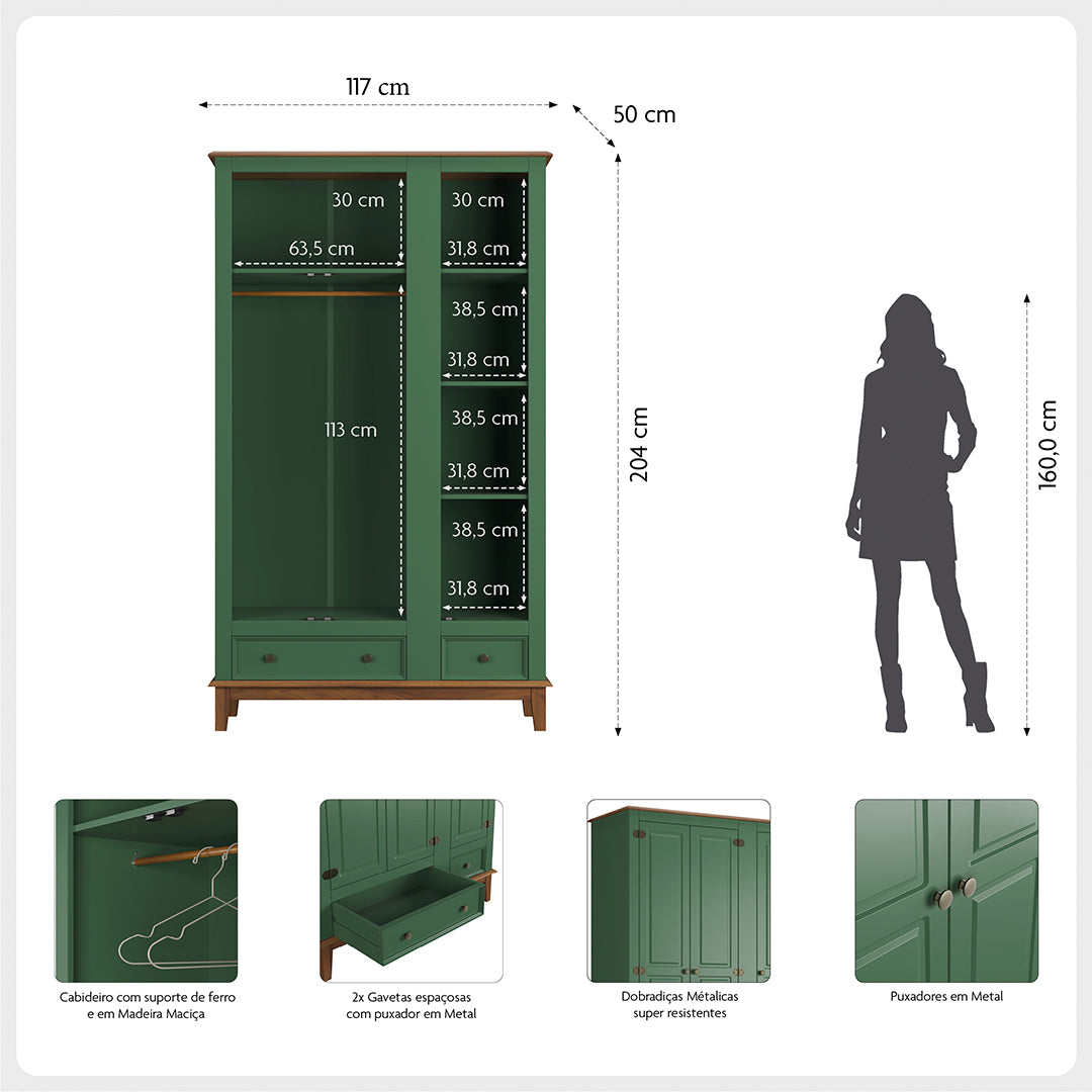 Guarda-Roupa Rústico 3 Portas e 2 Gavetas - Madeira Maciça e MDF