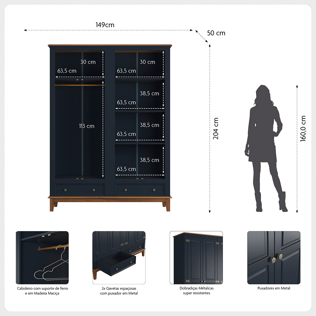 Guarda-Roupa Rústico 4 Portas e 2 Gavetas - Madeira Maciça e MDF
