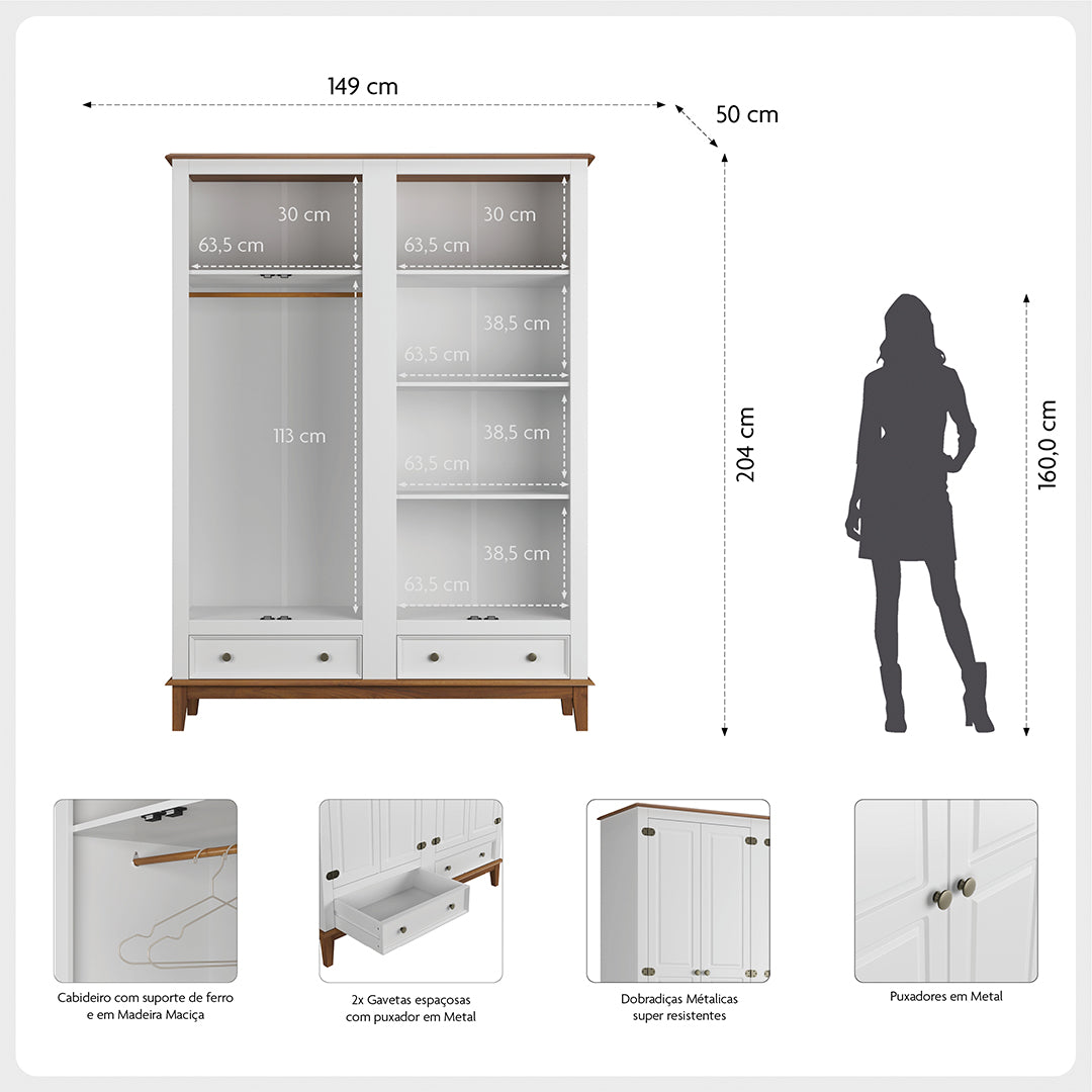 Guarda-Roupa Rústico 4 Portas e 2 Gavetas - Madeira Maciça e MDF