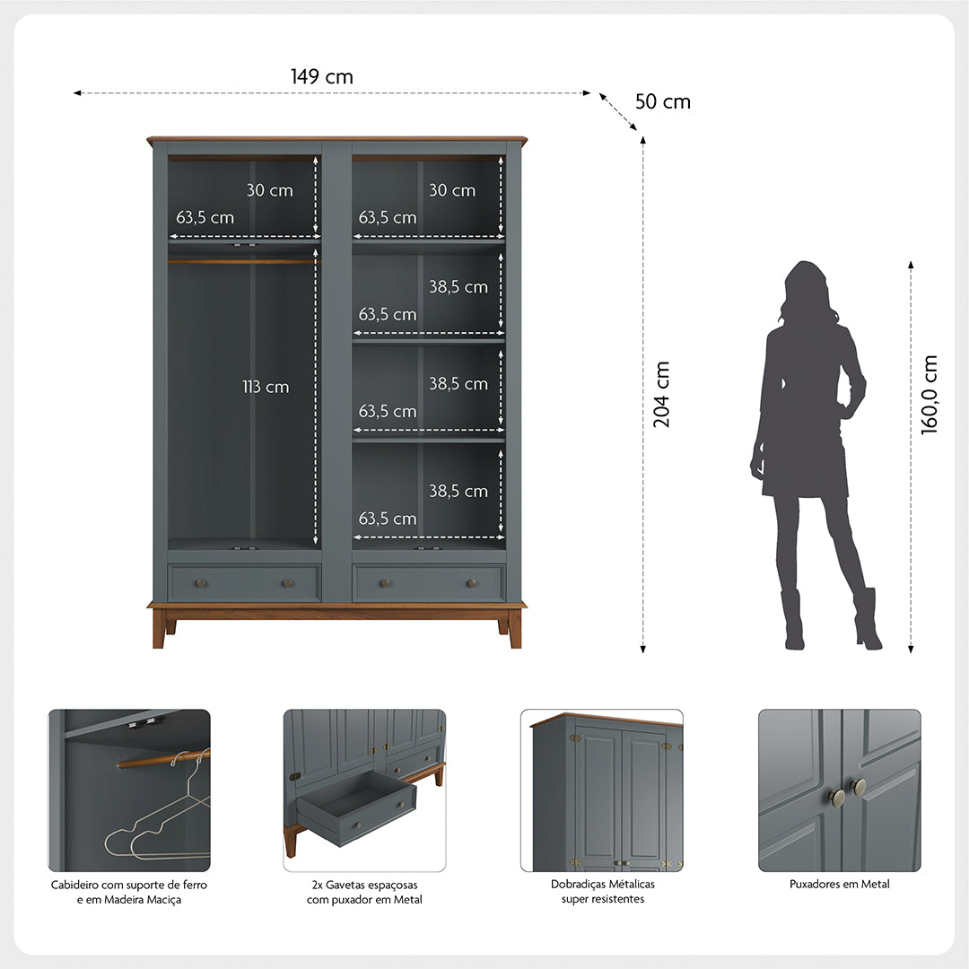 Guarda-Roupa Rústico 4 Portas e 2 Gavetas - Madeira Maciça e MDF