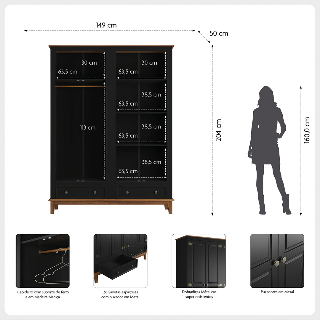 Guarda-Roupa Rústico 4 Portas e 2 Gavetas - Madeira Maciça e MDF