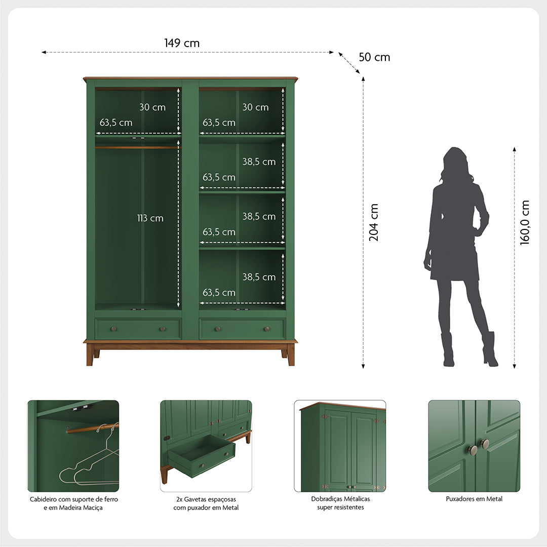 Guarda-Roupa Rústico 4 Portas e 2 Gavetas - Madeira Maciça e MDF